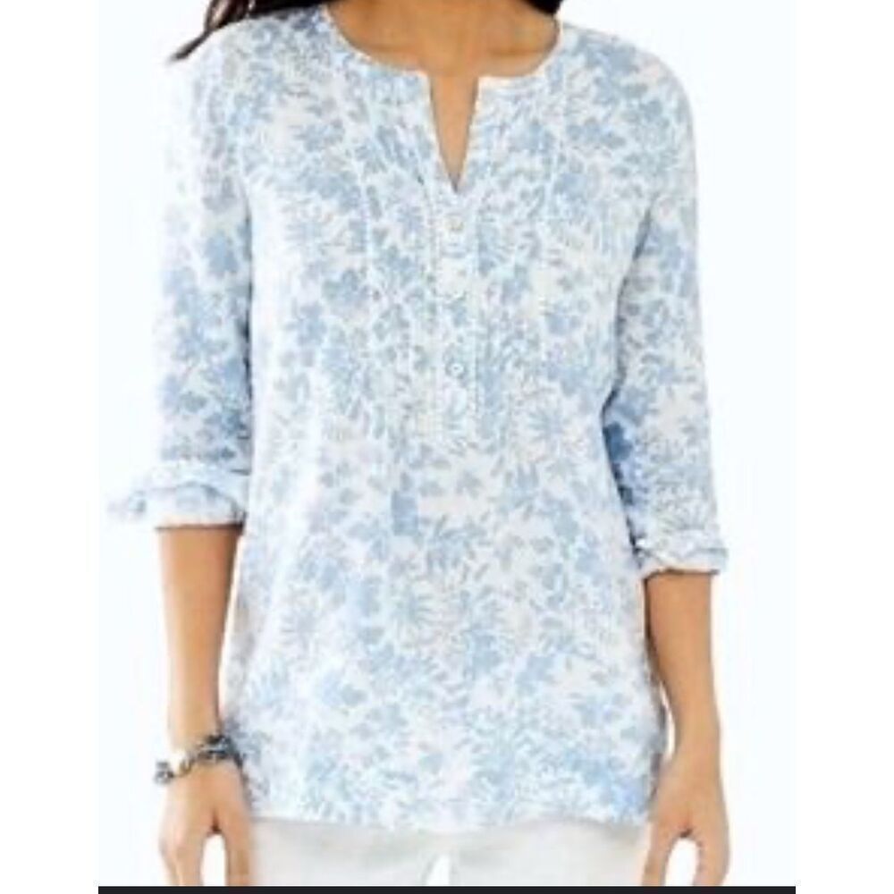 NWT J Jill Love Linen Blue Floral Long Sleeve Split Neck, 1X, $100 A17